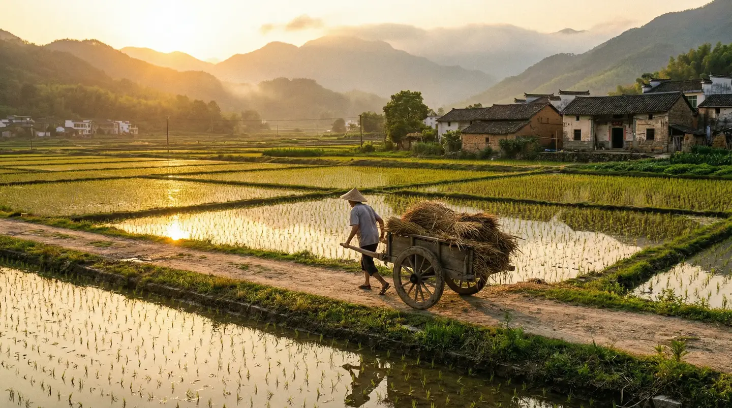 麻豆视传媒短视频欢迎您 - 金色夕阳下的乡村田野，老农推着木车行走在田埂上